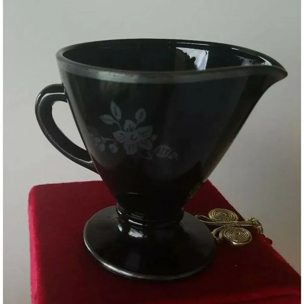 Vintage Rare Black Milk Glass Creamer Pitcher w/ silver trim 3.5